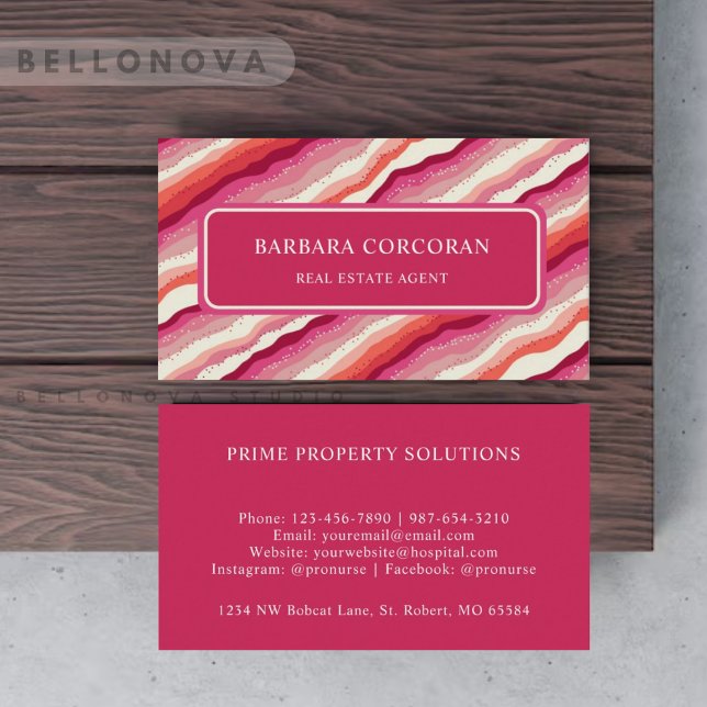 Carte De Visite Monogramme d'onde rose blanche orange rouge (Custom Pink White Red Orange Wave Monogram Business Card)