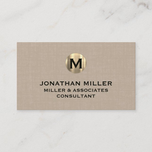 Carte De Visite Monogramme d'or en lin beige Premium (Devant)