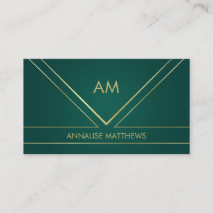 Carte De Visite Monogramme d'or minimal géométrique Emerald Gree