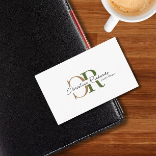 Carte De Visite Monogramme d'or vert olive simple et moderne