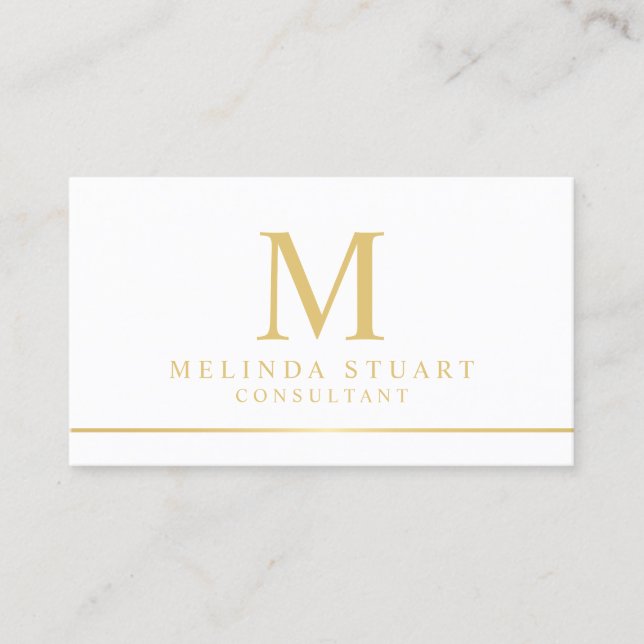 Carte De Visite Monogramme élegant blanc et or (Devant)