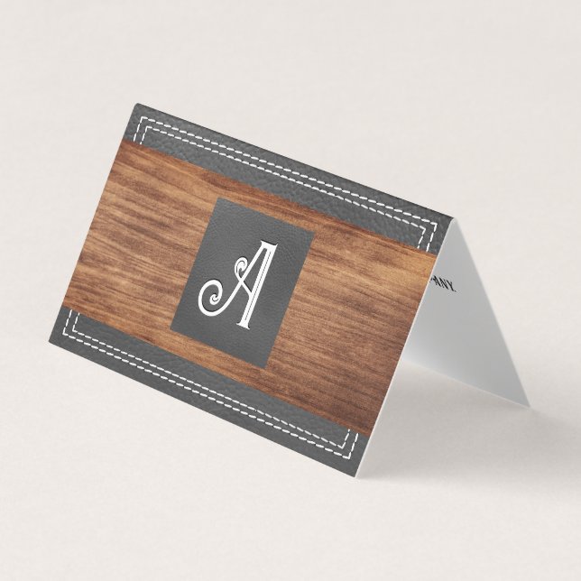 Carte De Visite Monogramme élégant | Cuir double pointillé | Bois  (Devant)
