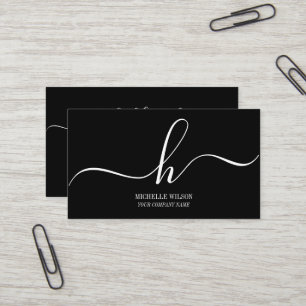 Carte De Visite Monogramme Élégant Initiales Nom Script Noir Blanc