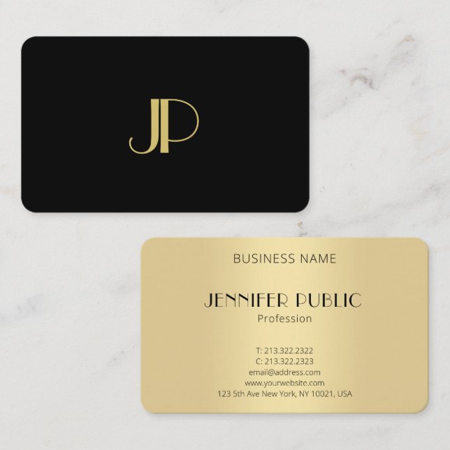 Carte De Visite Monogramme Elegant moderne Modèle d'or noir (Devant / Derrière)