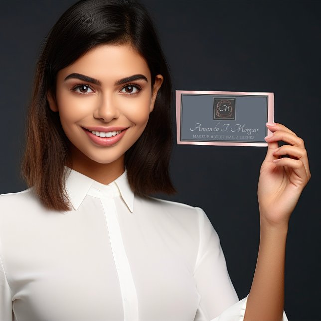 Carte De Visite Monogramme Elégant Nomination Grey Rose Dusty Blue (Monogram Elegant Appointment Gray Rose Dusty Blue Business Card)