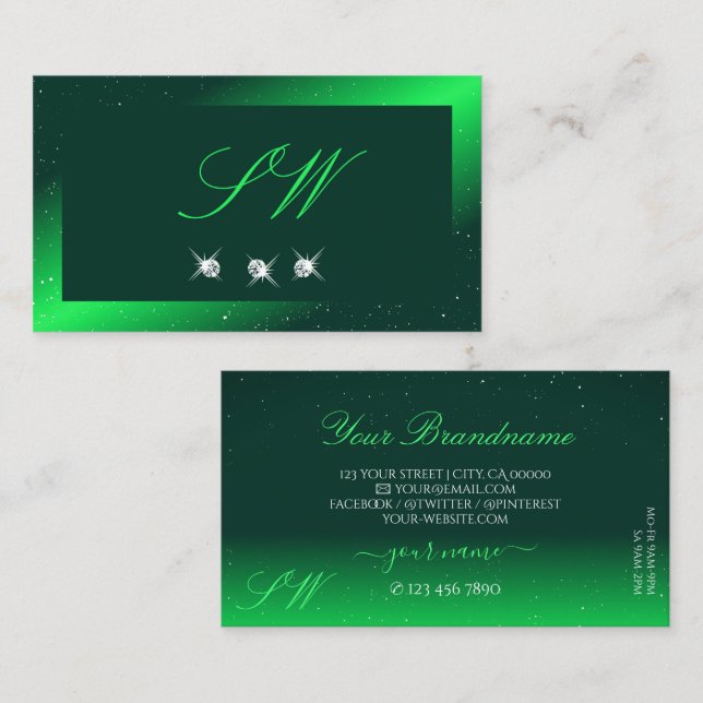 Carte De Visite Monogramme émeraude vert émeraude étincelant diama (Devant / Derrière)