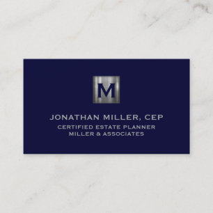 Carte De Visite Monogramme en argent bleu marine de luxe minimal