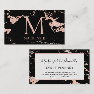 Carte De Visite Monogramme en marbre noir Rose en cuivre or