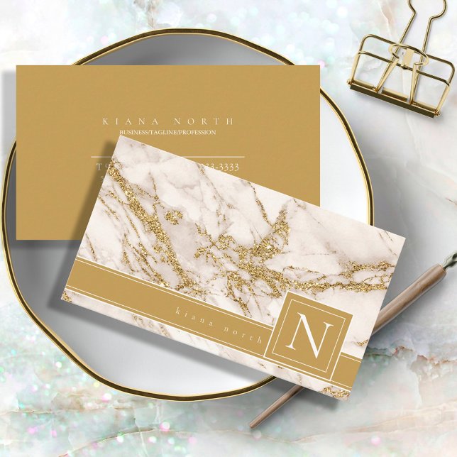 Carte De Visite Monogramme en marbre simple Noir/Or ID672 (Créateur téléchargé)