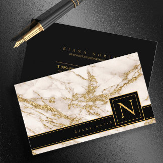Carte De Visite Monogramme en marbre simple Noir/Or ID672