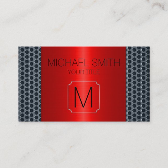 Carte De Visite Monogramme en métal inoxydable de luxe rouge (Devant)