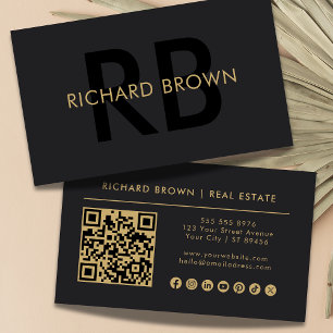 Carte De Visite Monogramme en or noir minimaliste chic QR