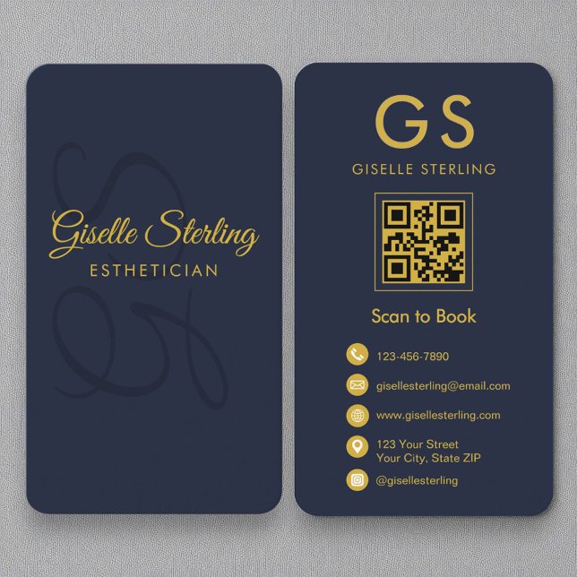 Carte De Visite Monogramme Esthétique Marine Blue Gold QR Code (Créateur téléchargé)