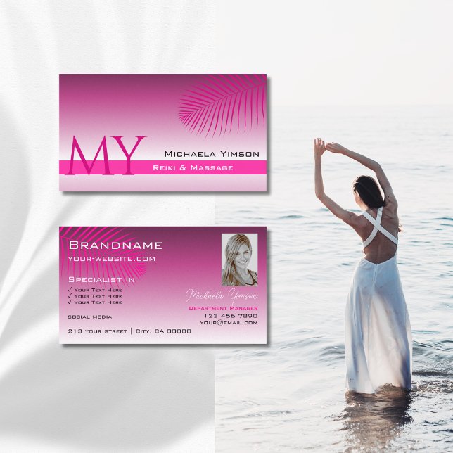 Carte De Visite Monogramme et photo de feuille de palme rose viole (Créateur téléchargé)