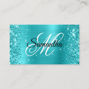 Carte De Visite Monogramme fantaisie en feuille turquoise bleue pa