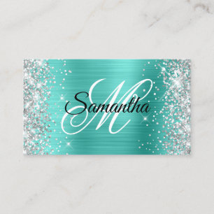 Carte De Visite Monogramme fantaisie paillettes argent turquoise