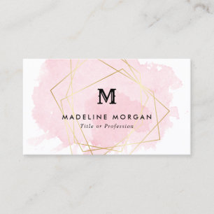 Carte De Visite Monogramme Géométrique Rosée Aquarelle Faux Gold