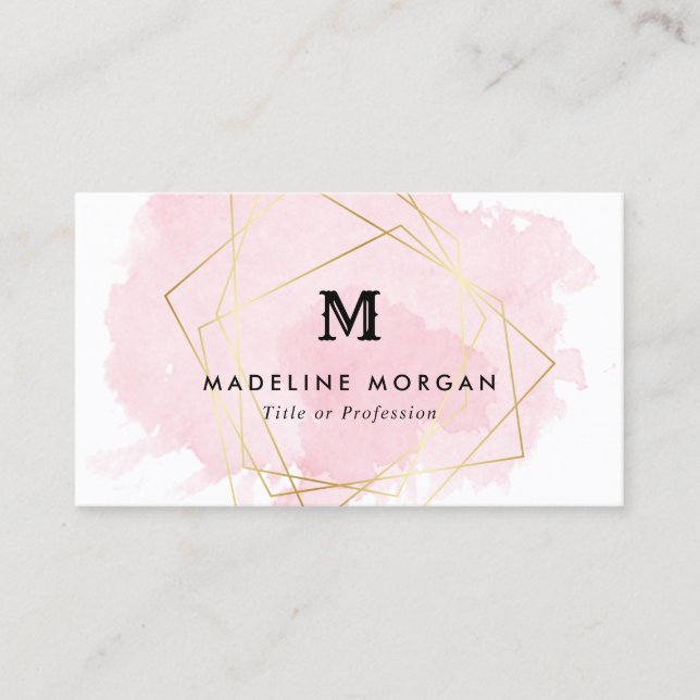 Carte De Visite Monogramme Géométrique Rosée Aquarelle Faux Gold (Devant)