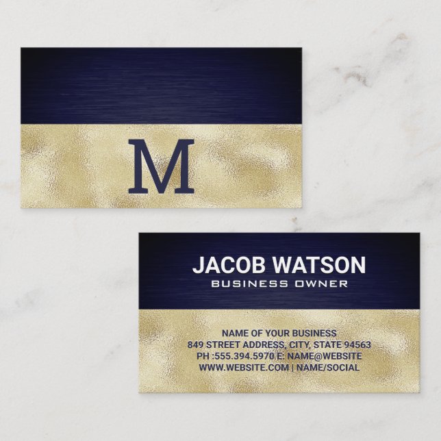 Carte De Visite Monogramme | Golden Foil | Texture métallique bleu (Devant / Derrière)