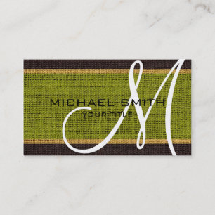 Carte De Visite Monogramme Green Burlap Linen Russe Jute