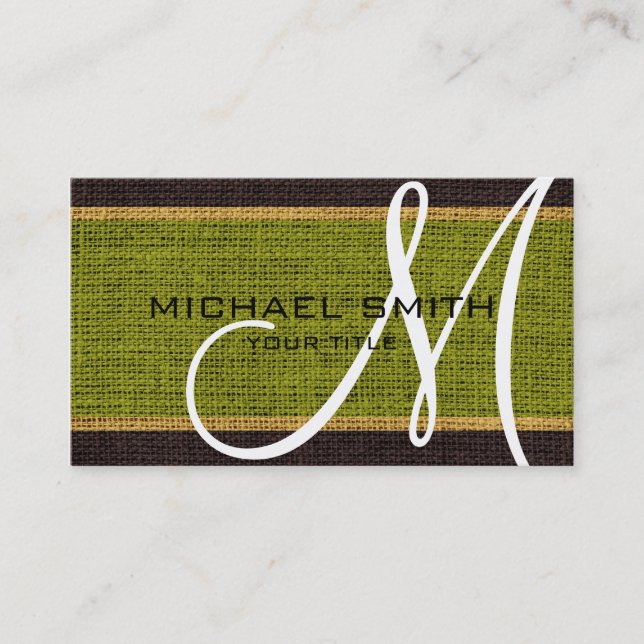 Carte De Visite Monogramme Green Burlap Linen Russe Jute (Devant)
