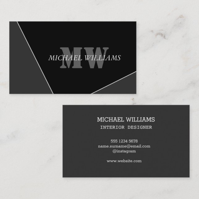 Carte De Visite Monogramme gris noir artistique moderne (Devant / Derrière)