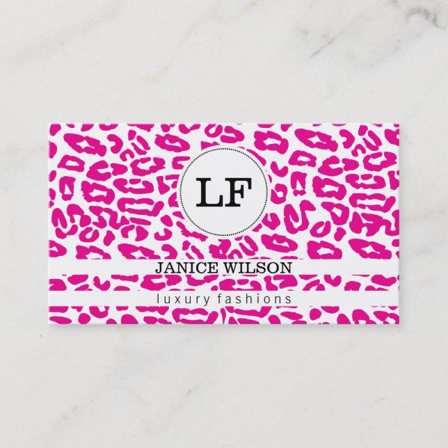 Carte De Visite Monogramme | Impression Cheetah (rose chaud) (Devant)