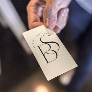 Carte De Visite Monogramme Initial Script Champagne Noir Élégant
