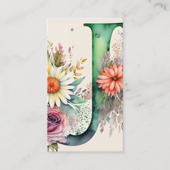 Carte De Visite Monogramme J Daisy Floral Aquarelle QR Code Logo (Devant)