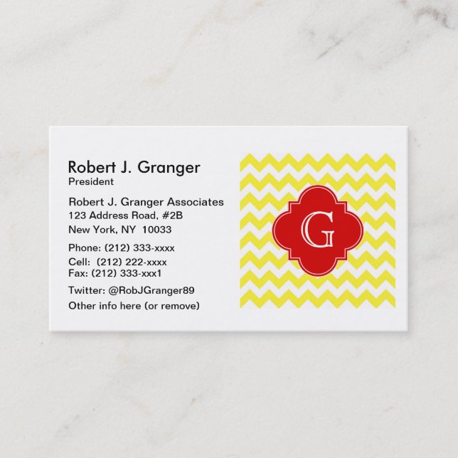 Carte De Visite Monogramme jaune blanc Chevron rouge Quatrefoil (Devant)