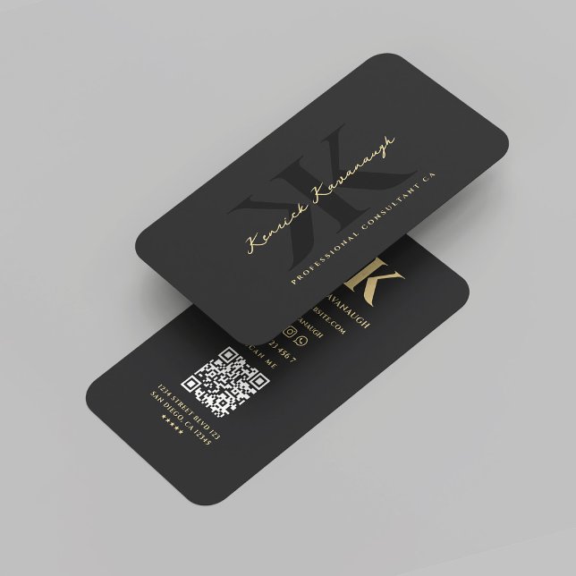 Carte De Visite Monogramme K - Marketing professionnel (Modern Monogram K Initial Professional Marketing Consultant Black and Gold QR Business Card
)