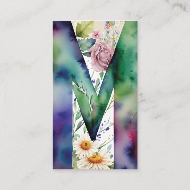 Carte De Visite Monogramme M Daisy Floral Aquarelle Code QR Logo (Devant)