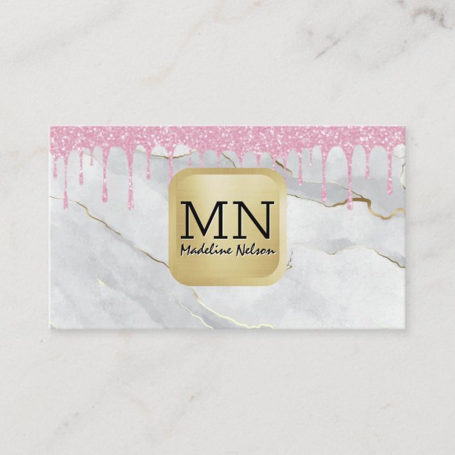Carte De Visite Monogramme | MARBRE BLANC | Rose Parties scintilla (Devant)