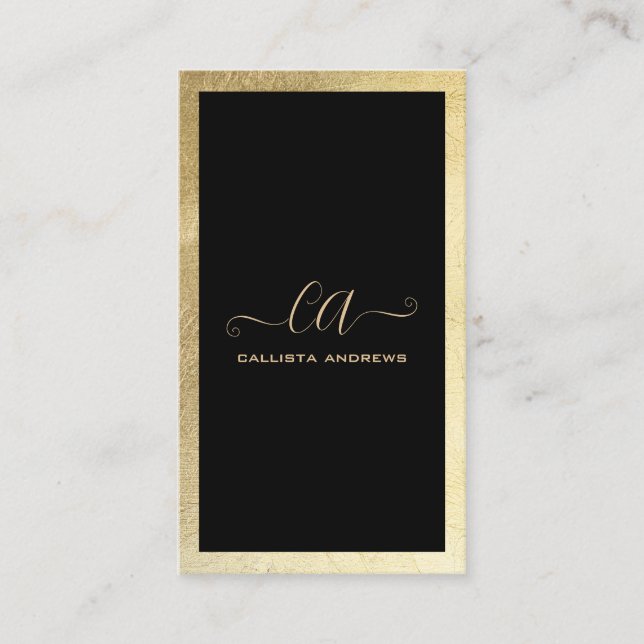 Carte De Visite Monogramme minimaliste de bordure en or noir (Devant)
