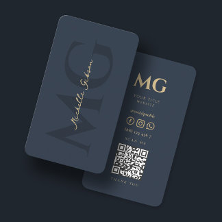 Carte De Visite Monogramme minimaliste élégant bleu foncé QR