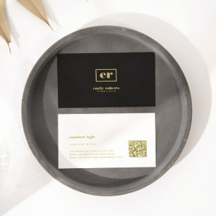 Carte De Visite Monogramme minimaliste Lin Noir Typographie Or