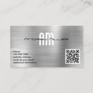 Carte De Visite Monogramme Moderne Ajouter un Code QR Métal Brossé