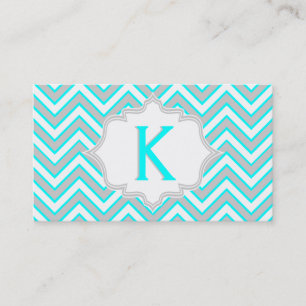 Carte De Visite monogramme moderne bleu aqua, gris chevron