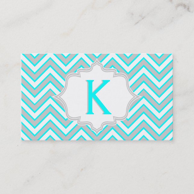 Carte De Visite monogramme moderne bleu aqua, gris chevron (Devant)