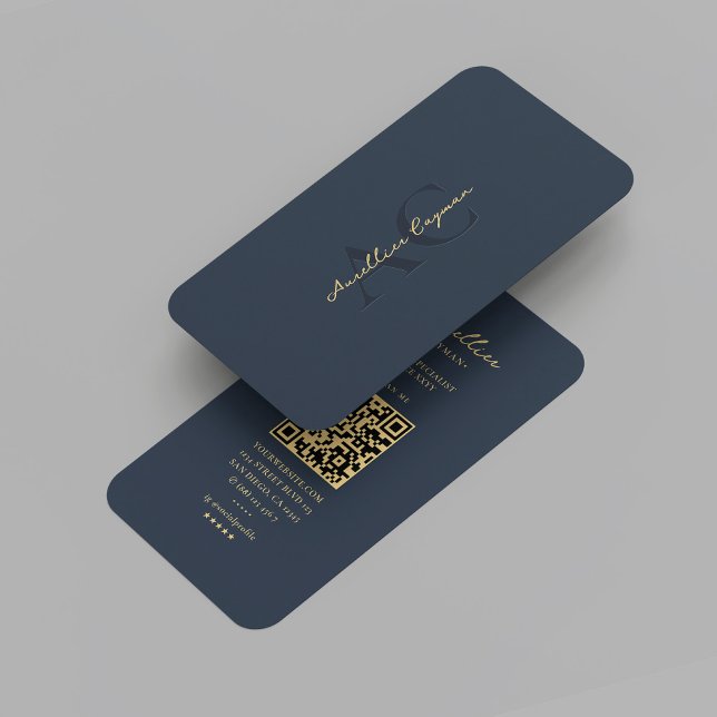 Carte De Visite Monogramme moderne bleu foncé or professionnel (Modern Dark Blue Gold Monogram Professional Marketing Networking QR 
Code Elegant Business Card
)