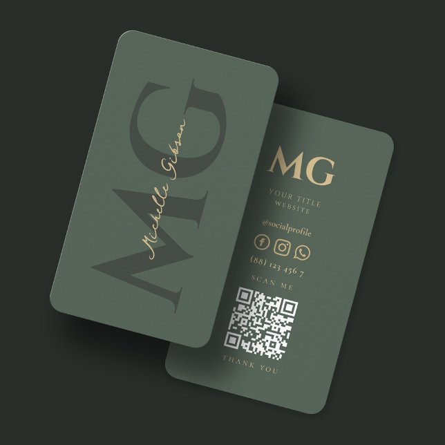 Carte De Visite Monogramme moderne Dark Green QR code médias socia (Créateur téléchargé)