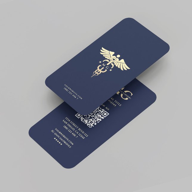 Carte De Visite Monogramme moderne Docteur Médicale Blue Gold Cadu (Modern Monogram Doctor Medical Blue Gold Caduceus Business Card
)