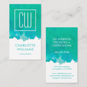 Carte De Visite Monogramme moderne Elegant Aquarelle Turquoise Ver