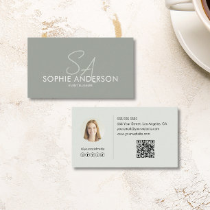 Carte De Visite Monogramme moderne élégant Photo QR Sage Green