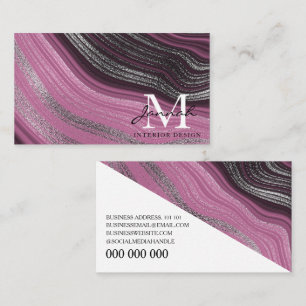 Carte De Visite Monogramme Moderne en Marbre d'Agate Pailleté Rose