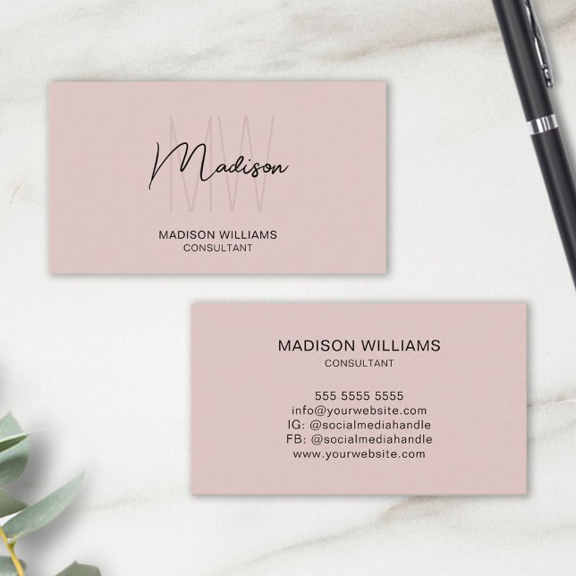 Carte De Visite Monogramme moderne Logo Blush Pink Consultant (Modern Monogram Logo Blush Pink Consultant Business Card)