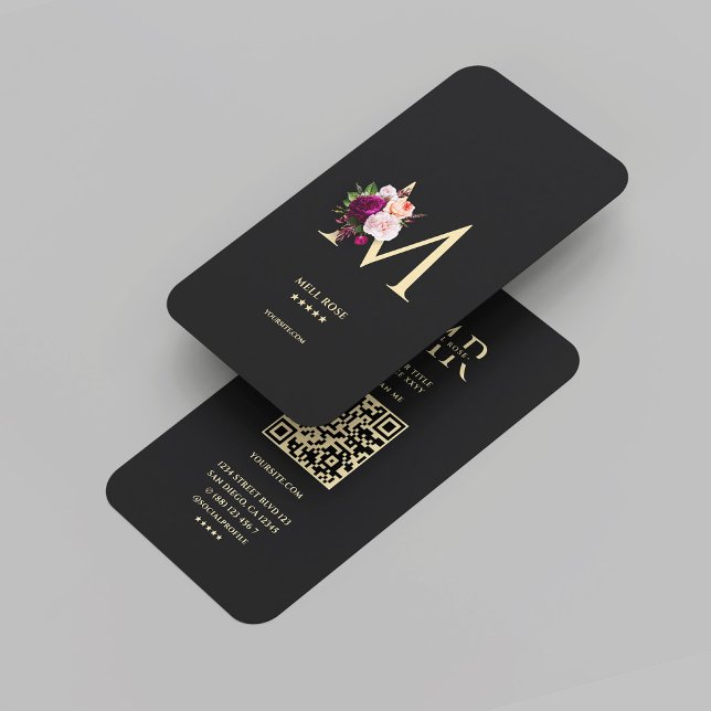 Carte De Visite Monogramme moderne M Floral Black Gold (Modern Elegant Monogram M Floral Black Gold Business Card
)