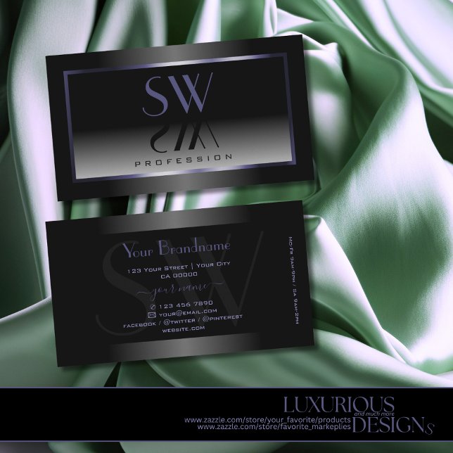 Carte De Visite Monogramme moderne noir blanc dégradé bleu du cadr (Créateur téléchargé)