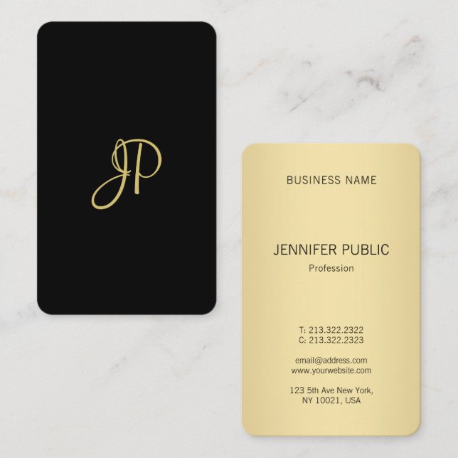 Carte De Visite Monogramme Moderne, Noir Et Or, À La Mode (Devant / Derrière)