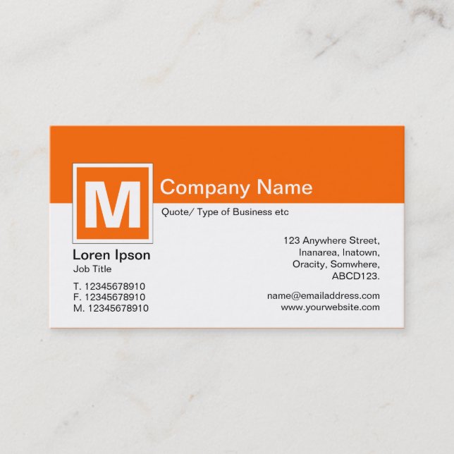 Carte De Visite Monogramme moderne - Orange et blanc (Devant)